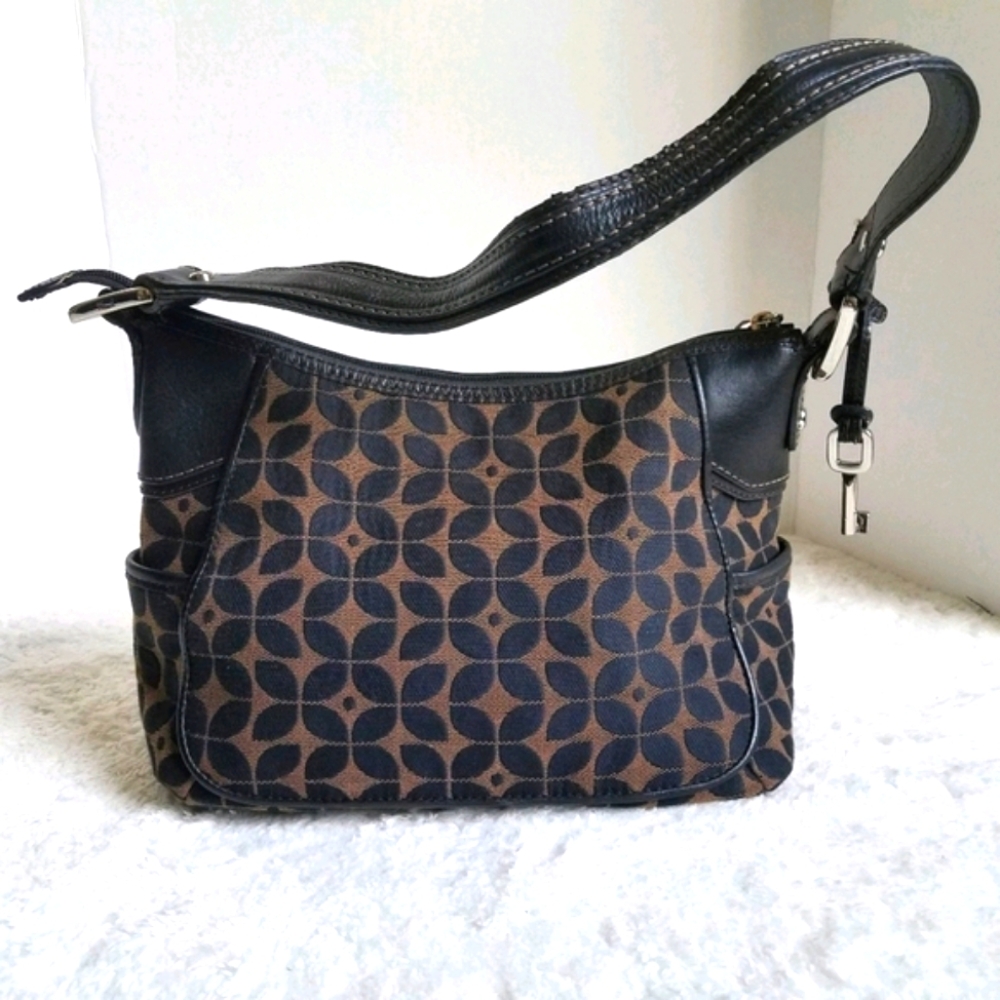 Fossil Signature Canvasb Black Brown Hobo Shoulder Purse